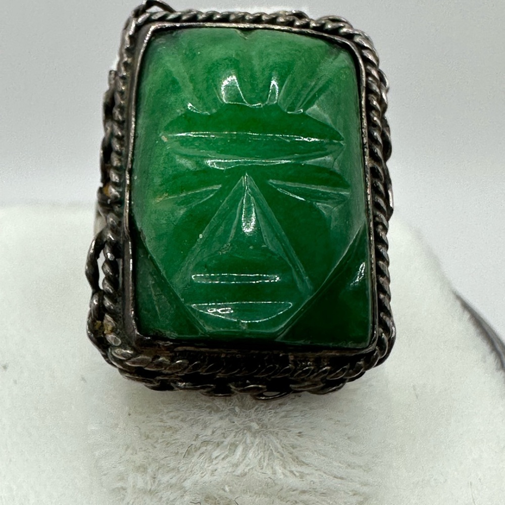 Vintage Green Carved Stone Ring in Stirling Silver